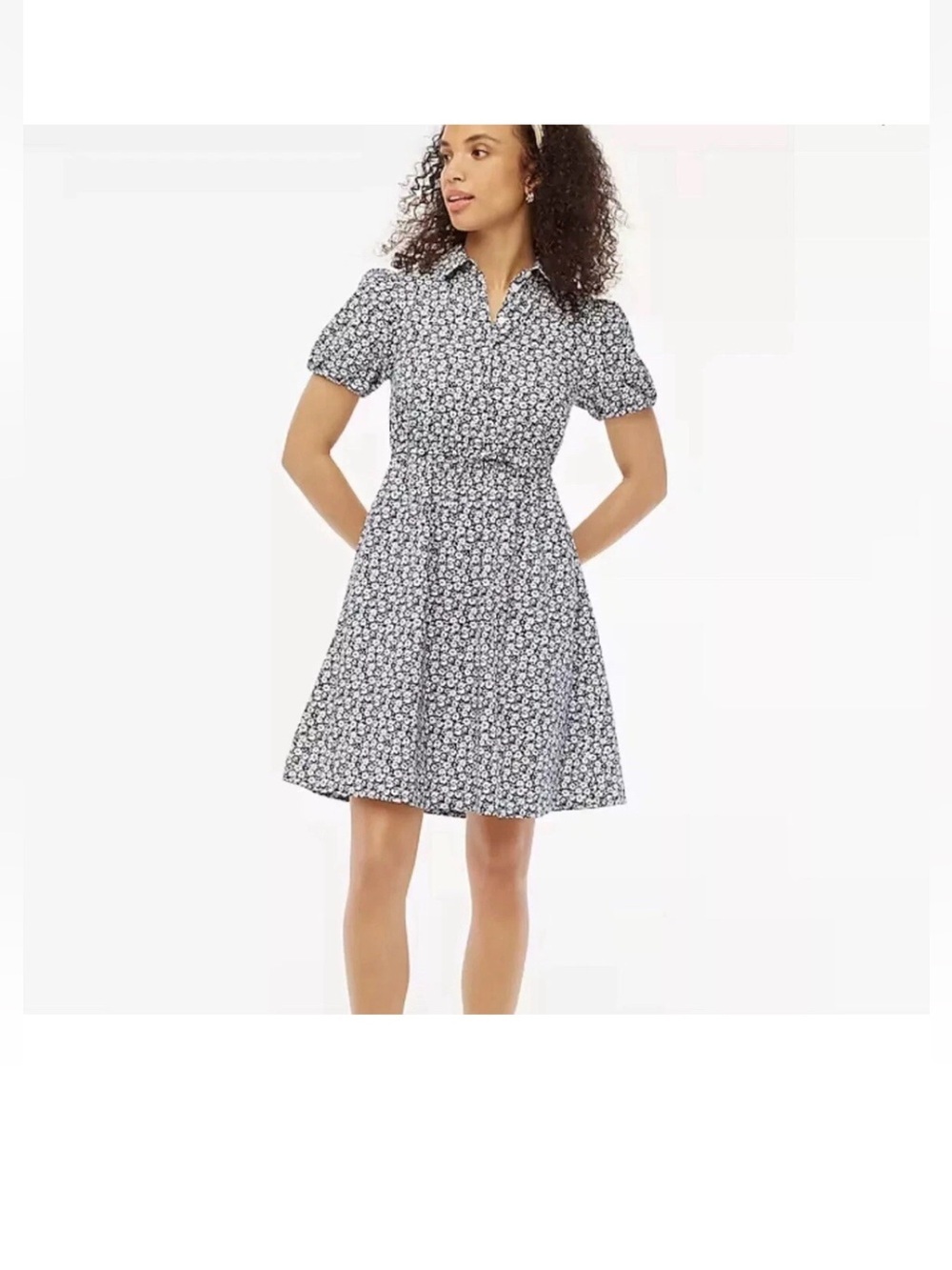 J. Crew Black and White Floral Button-Front Puff Sleeve Mini Dress